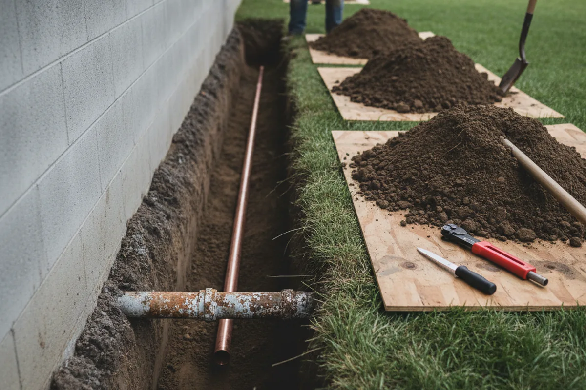 Excavated water line trench during Sewer Line Repair in Mantua